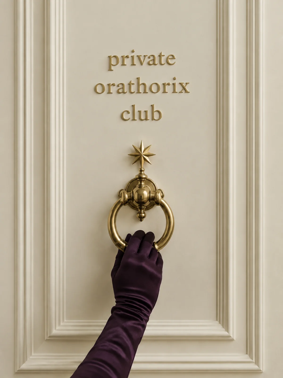 Puerta con el rótulo private orathorix club y una mano con guante que llama