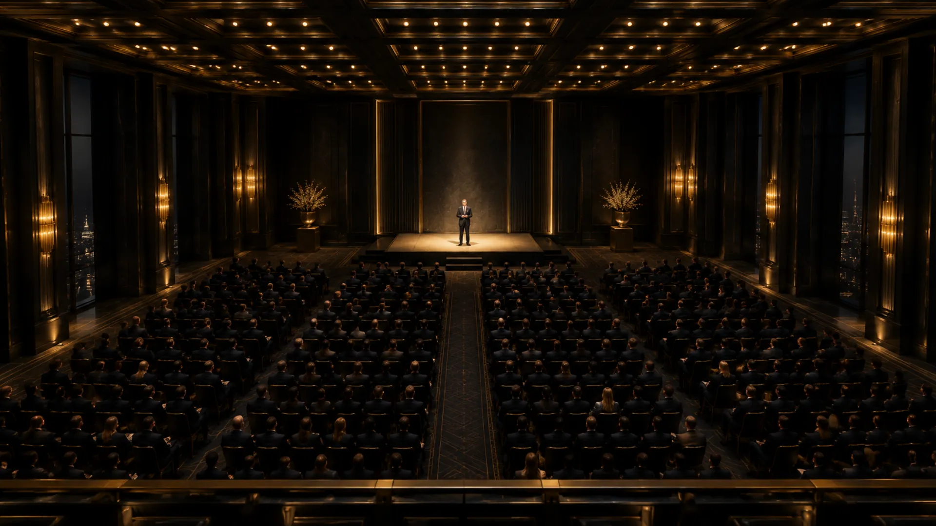 Una sala de conferencias llena, vista desde el palco, con una sola persona en el escenario