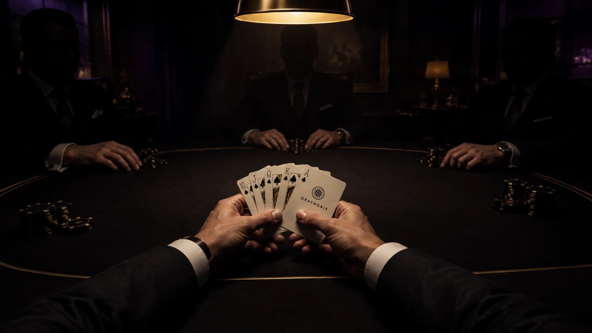 Una mano sostiene un abanico de cartas con el as de Orathorix en una mesa privada