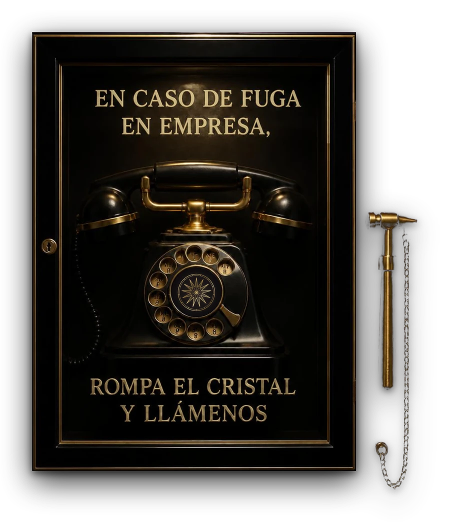 Caja de emergencia con un teléfono: en caso de fuga en empresa, rompa el cristal y llámenos
